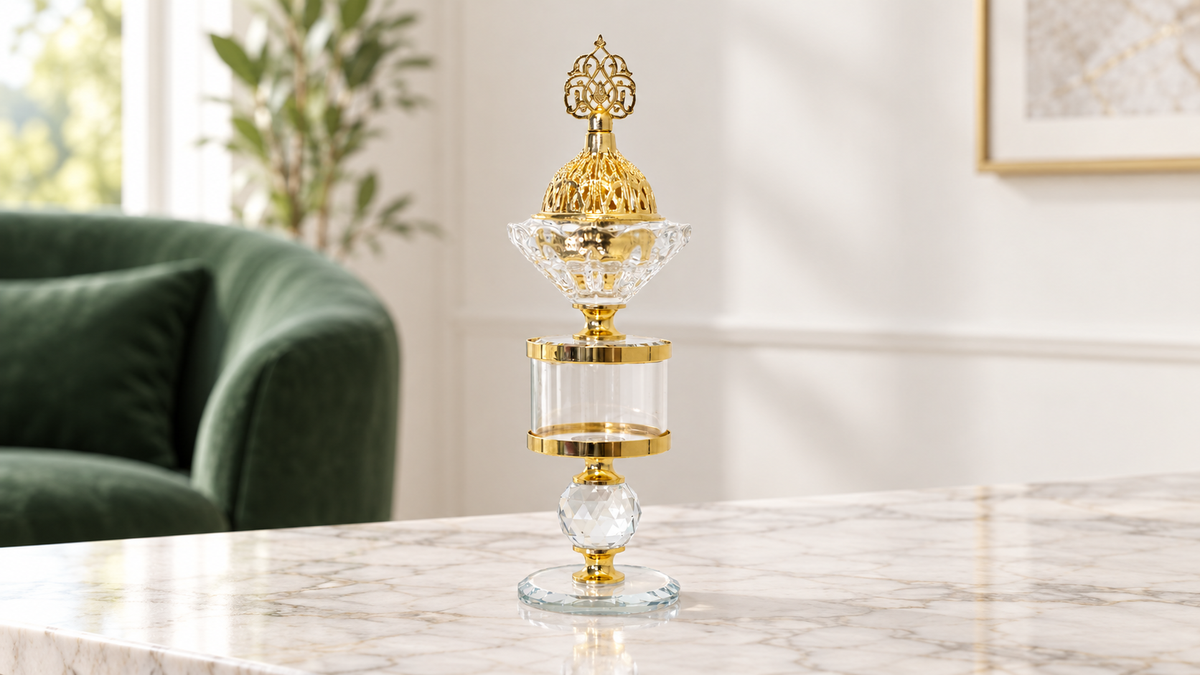 Clear and gold-tone detail in a living room