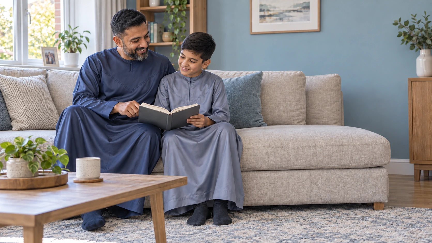 Father wearing the adult Navy Silky Thobe with his son in Grey at home