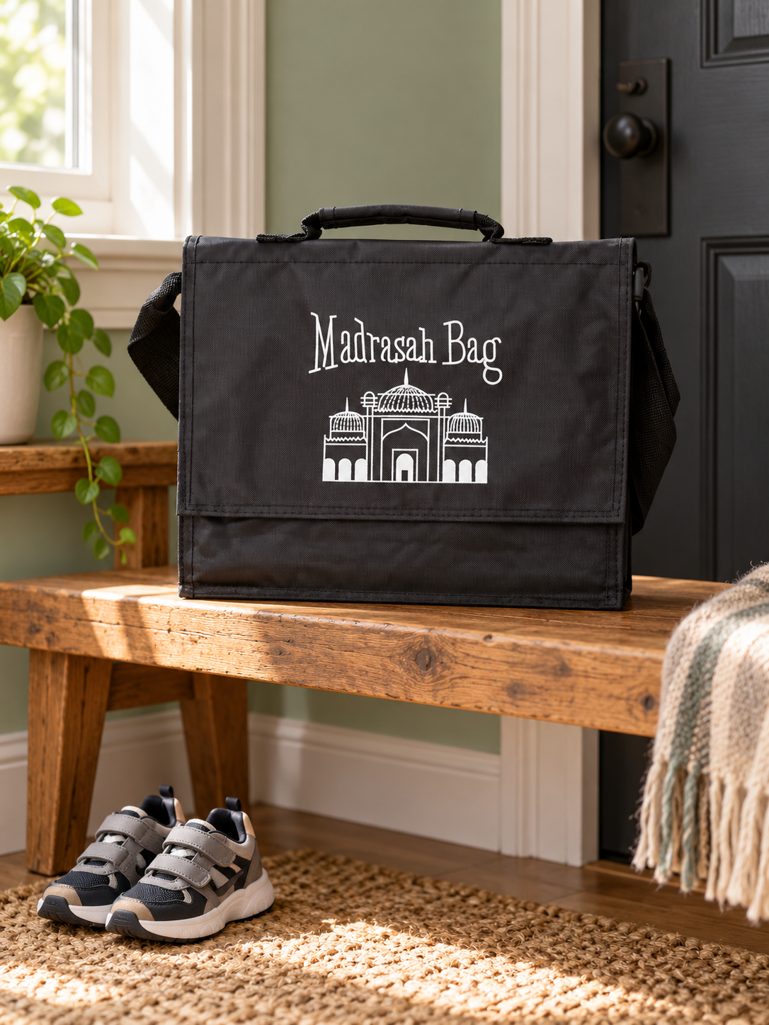 Small black Madrassah Bag with white print on a hallway bench