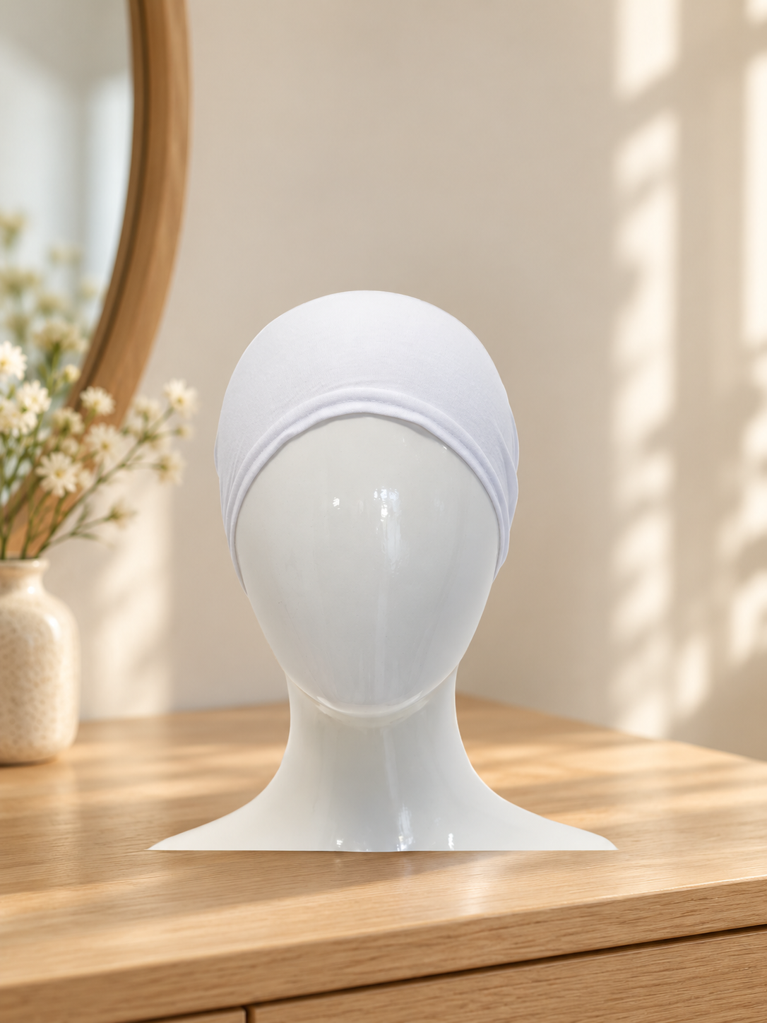 Sura Tie Back Bonnet in White, styling-room detail