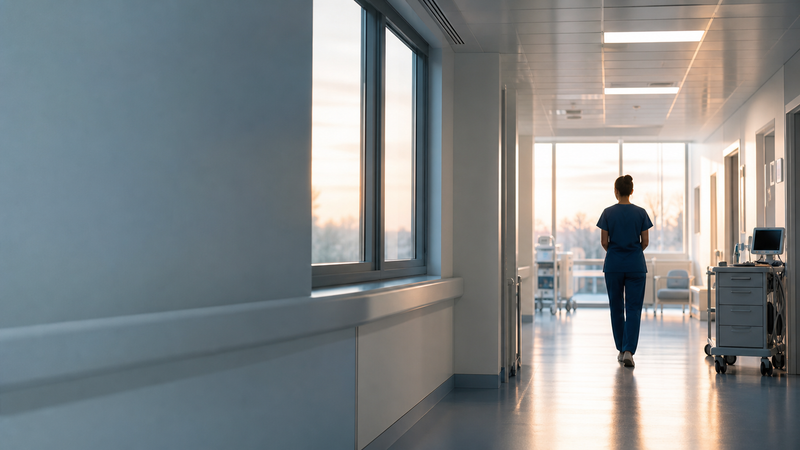 A quiet modern hospital corridor at dawn, representing steadiness through trauma and grief