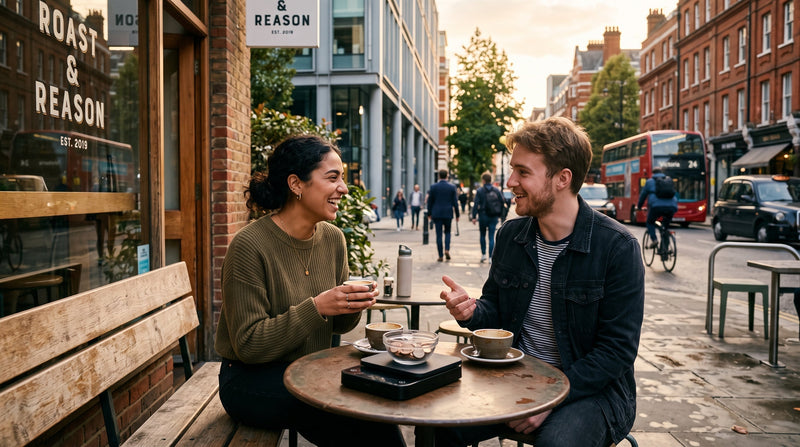 Two people in conversation at an outdoor cafe on a city street