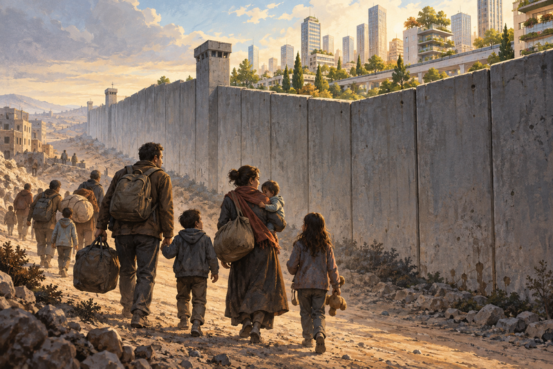 AI-generated editorial illustration of families carrying belongings beside a separation wall, with a modern city beyond.