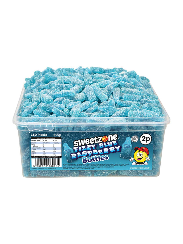 Fizzy Blue Raspberry Bottles - 805g Tub - Sweet Zone - front pack image