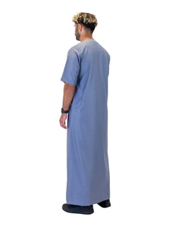 Men's short sleeve Omani thobe in Light Blue - rear three-quarter view