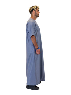 Men's short sleeve Omani thobe in Light Blue - side view