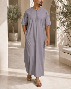 Men's short sleeve Omani thobe in Platinum Grey - lifestyle view