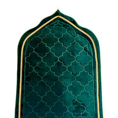 Green mihrab-shaped prayer mat with gold border, full view