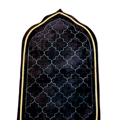 Black mihrab-shaped prayer mat with gold border, full view