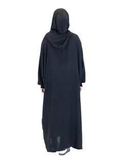 Black Urban hooded abaya on a model - rear view with the hood up