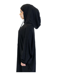 Black Urban hooded abaya on a model - hood and neckline side detail