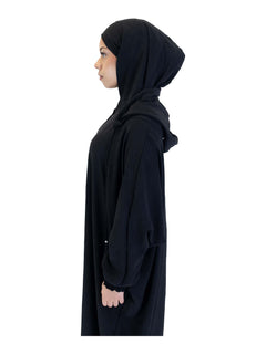 Black Urban hooded abaya on a model - alternate hood side detail