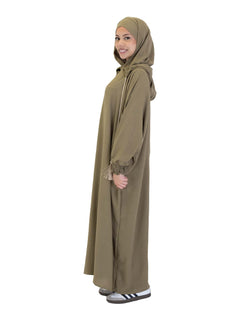 Green Urban hooded abaya on a model - side view