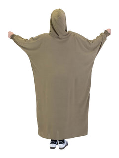 Green Urban hooded abaya on a model - rear view showing the relaxed silhouette