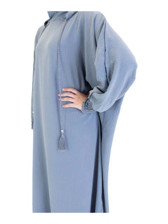 Grey Urban hooded abaya on a model - elasticated cuff and neckline detail