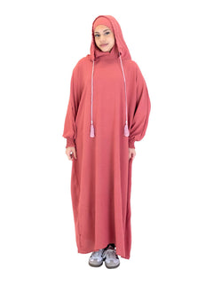 Pink Urban hooded abaya on a model - front view