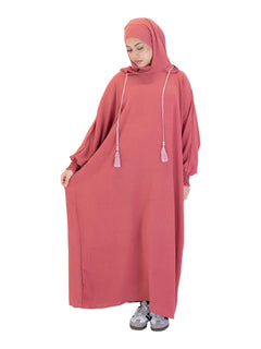 Pink Urban hooded abaya on a model - alternate front view