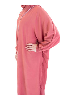 Pink Urban hooded abaya on a model - elasticated cuff and neckline detail