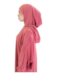 Pink Urban hooded abaya on a model - hood side detail