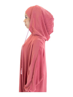 Pink Urban hooded abaya on a model - alternate hood side detail
