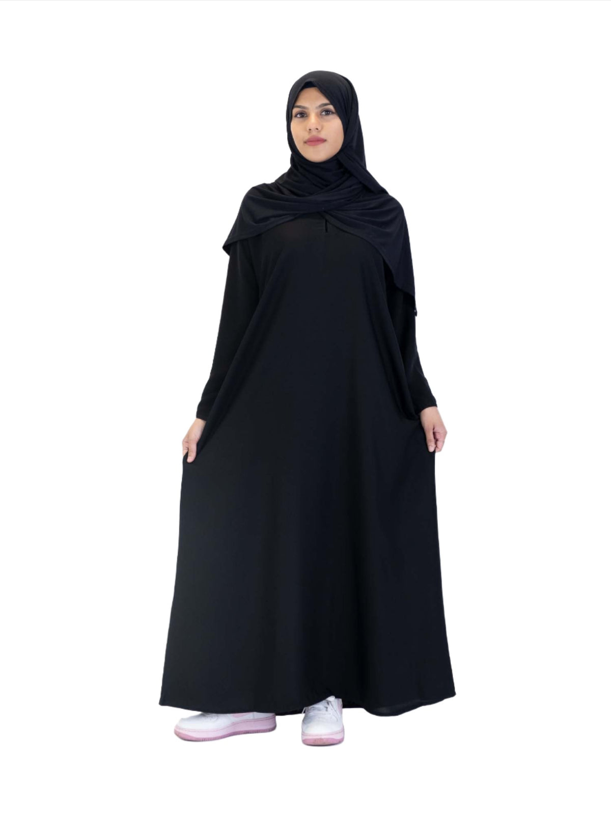 Black Nida One Button Abaya With Pocket, 3