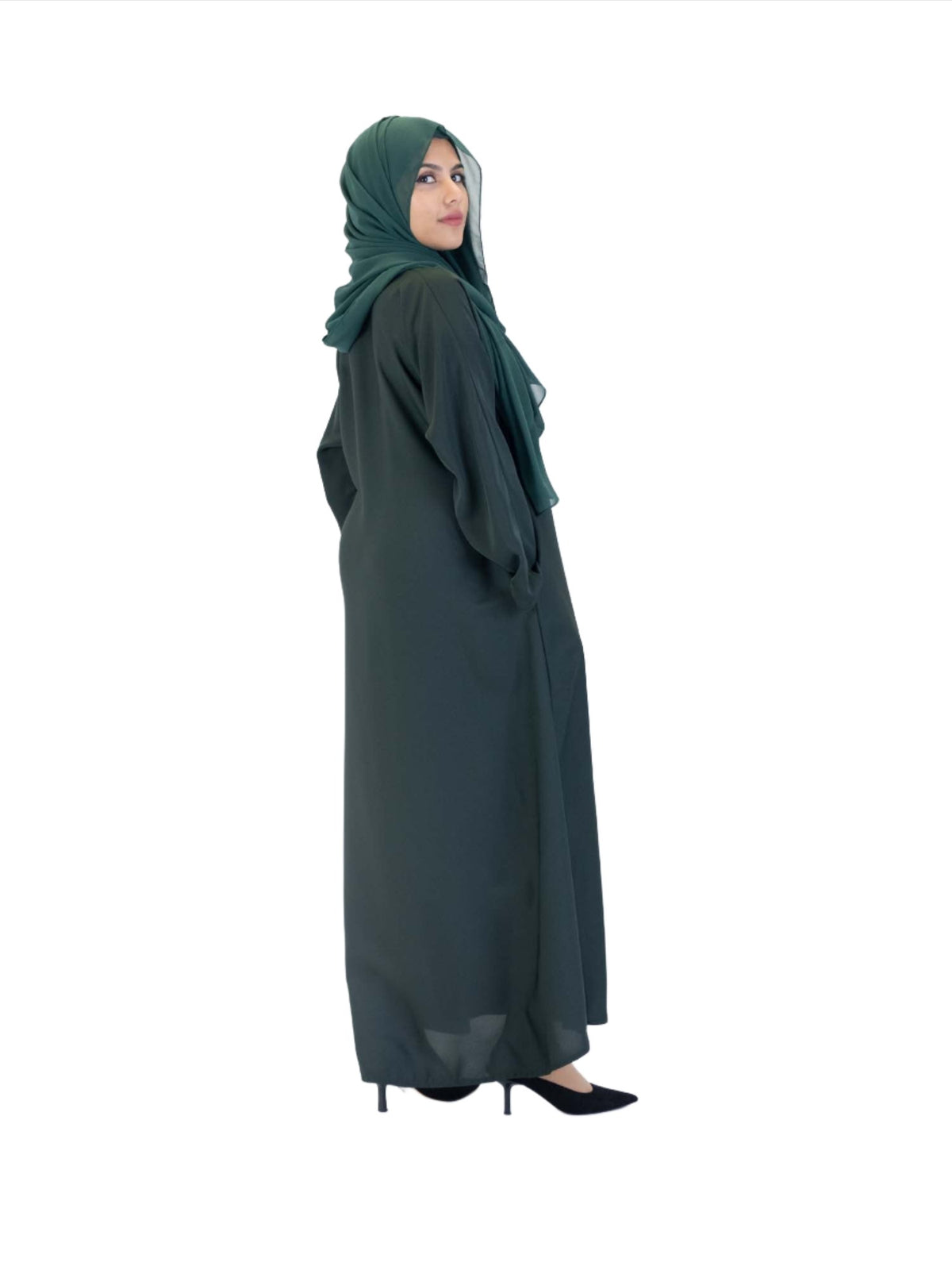 Green Nida One Button Abaya With Pocket, 2
