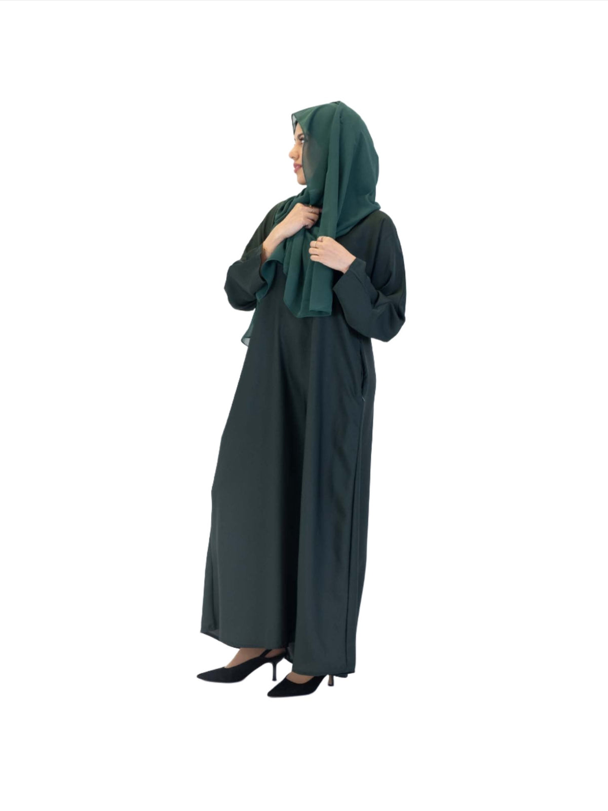 Green Nida One Button Abaya With Pocket, 4