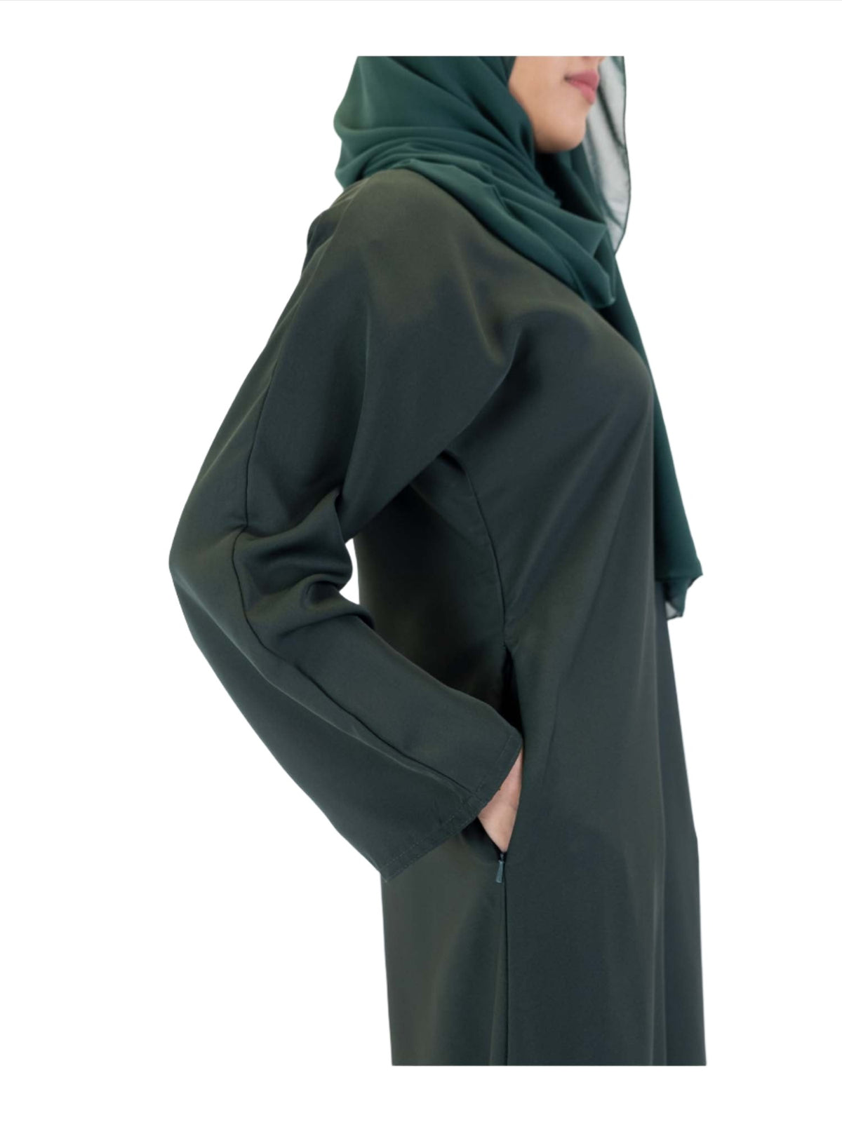 Green Nida One Button Abaya With Pocket, 6