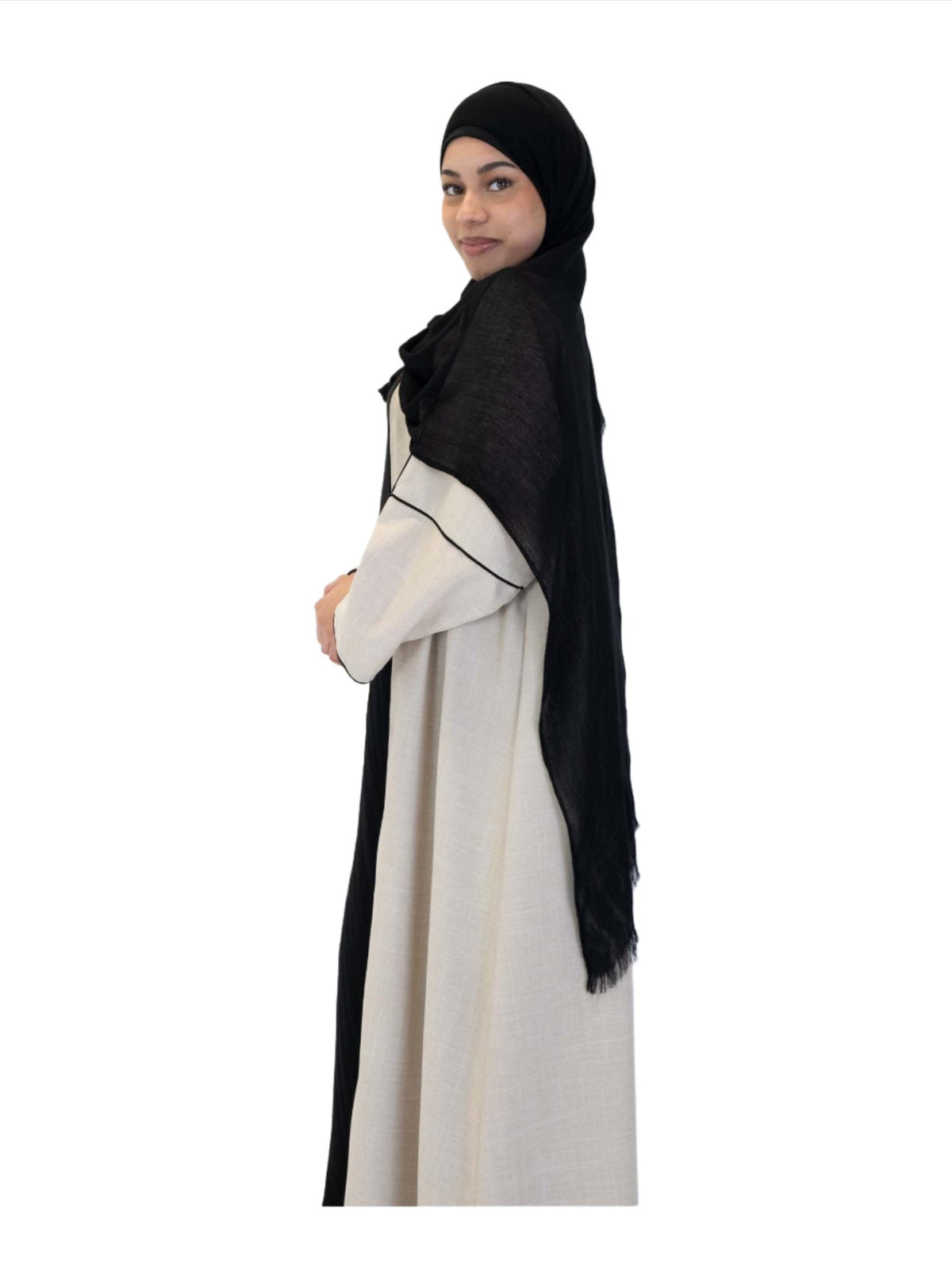 Beige Linen Open Abaya, 4