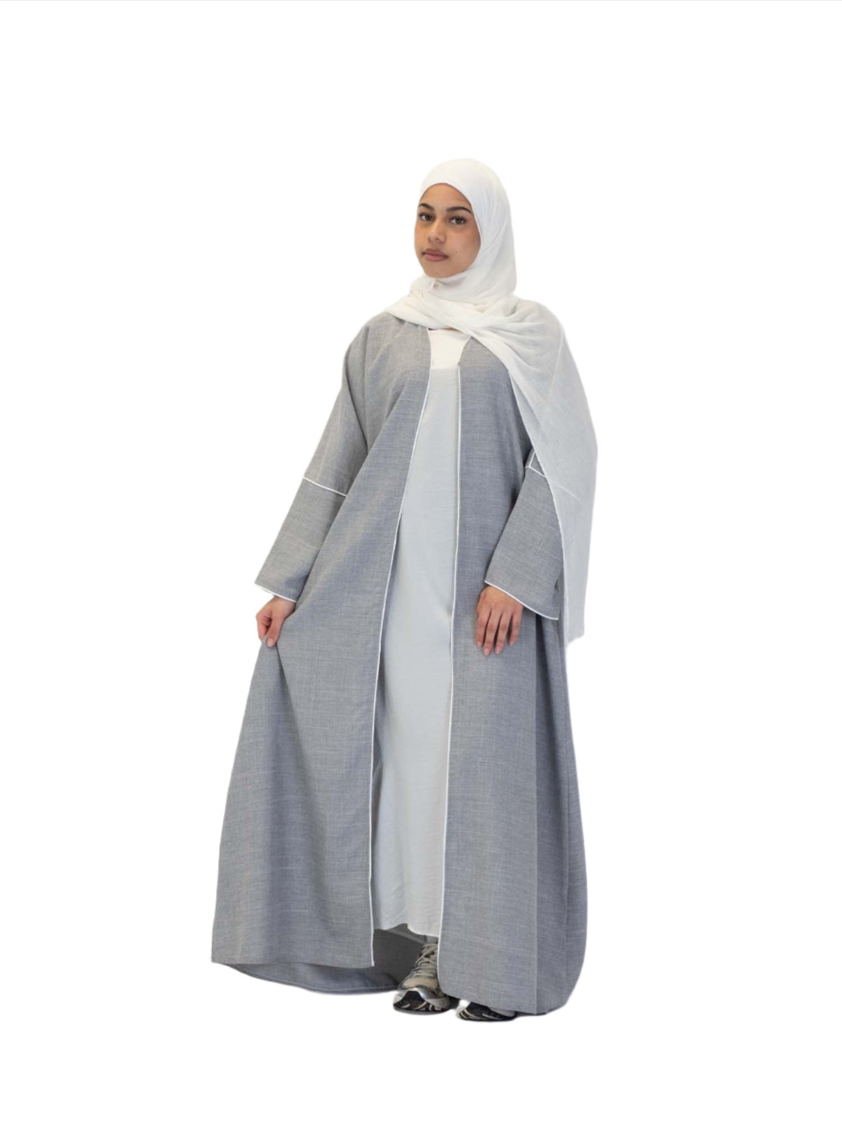 Grey Linen Open Abaya, 5