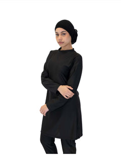Black plain Burkini, three-piece modest swimwear set