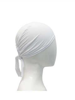 Ladies tie-back bonnet in white back view