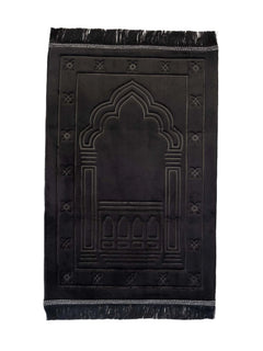 Black memory-foam velvet prayer mat, full view