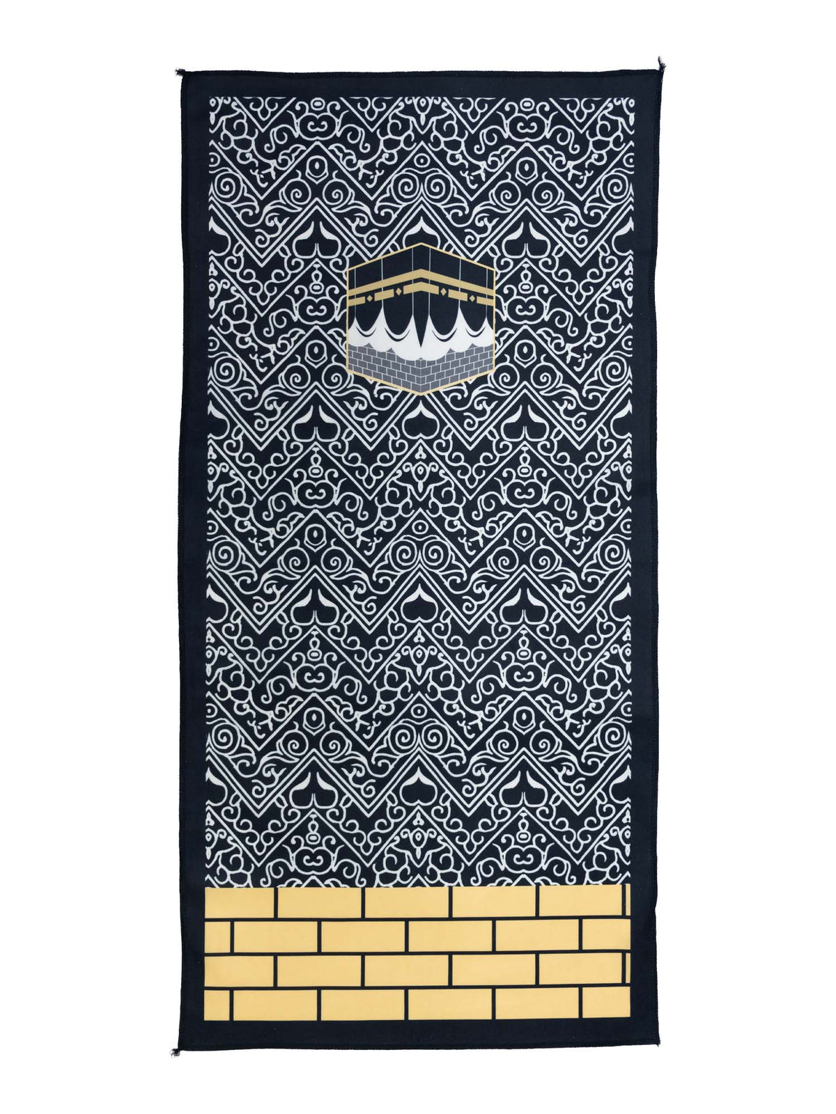 Kaaba Yellow Bricks black travel prayer mat, full view