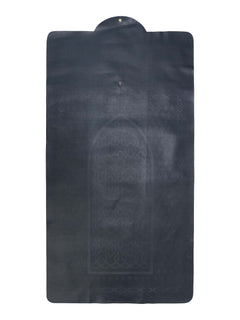 Black faux-leather travel prayer mat, full view