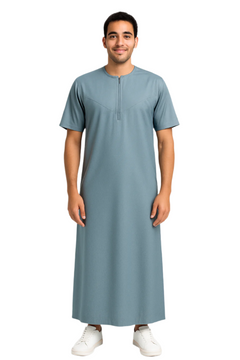 Men's short sleeve Omani thobe in Sapphire Blue - front view