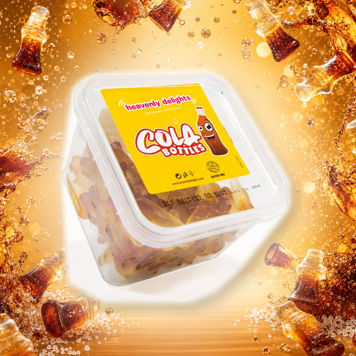 Cola Bottles - Heavenly Delights - 140g Tub in a vivid cola sweets scene