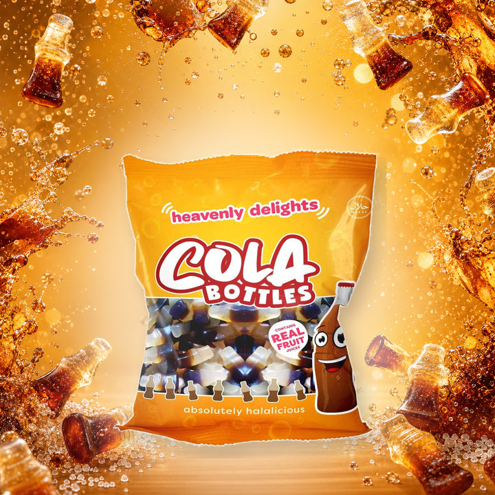 Cola Bottles - Heavenly Delights - 70g Bag in a vivid cola sweets scene