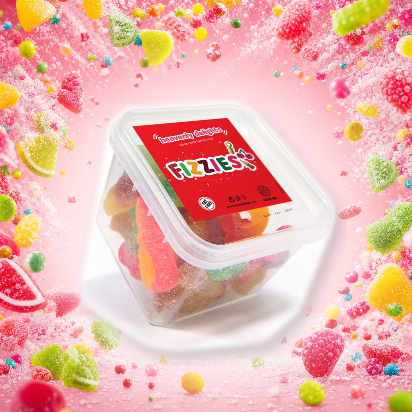 Fizzies - Heavenly Delights - 140g Tub in a vivid sour mix sweets scene