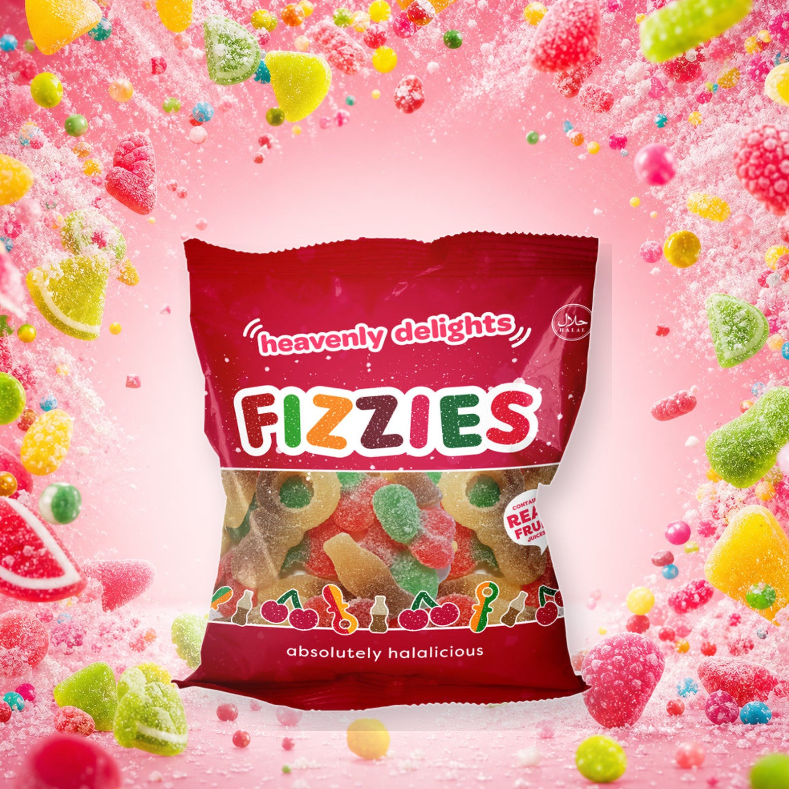Fizzies - Heavenly Delights - 70g Bag in a vivid sour mix sweets scene