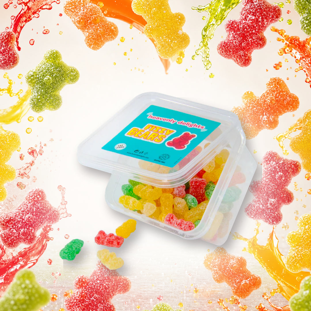 Fizzy Bears - Heavenly Delights - 140g Tub in a vivid fizzy bears sweets scene