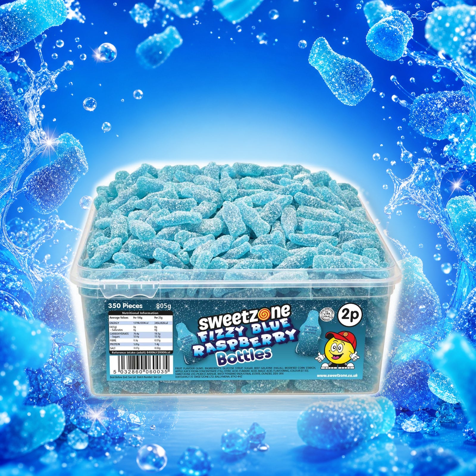 Fizzy Blue Raspberry Bottles - Sweet Zone - 805g Tub in a vivid blue raspberry sweets scene