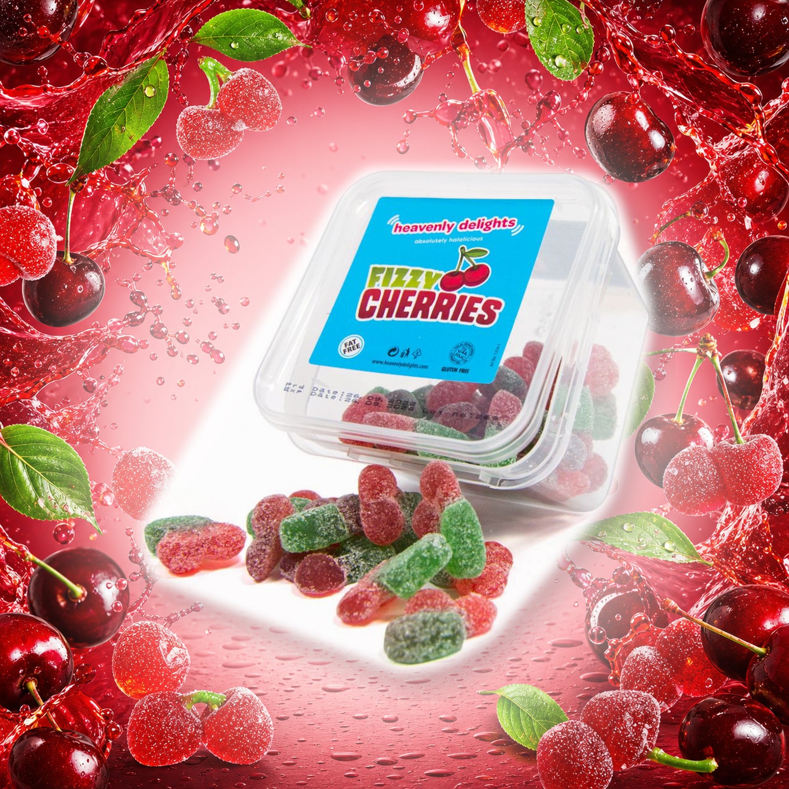 Fizzy Cherries - Heavenly Delights - 140g Tub in a vivid cherry sweets scene