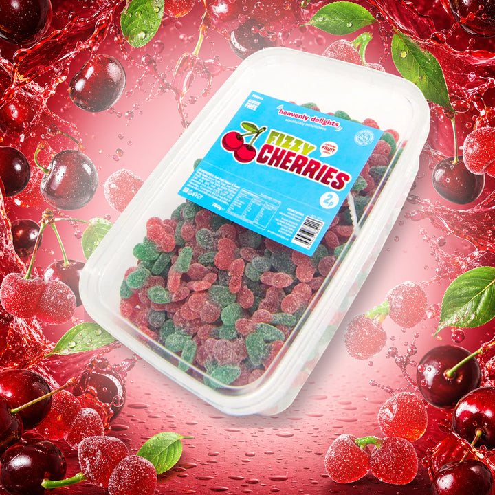 Fizzy Cherries - Heavenly Delights - 760g Tub in a vivid cherry sweets scene