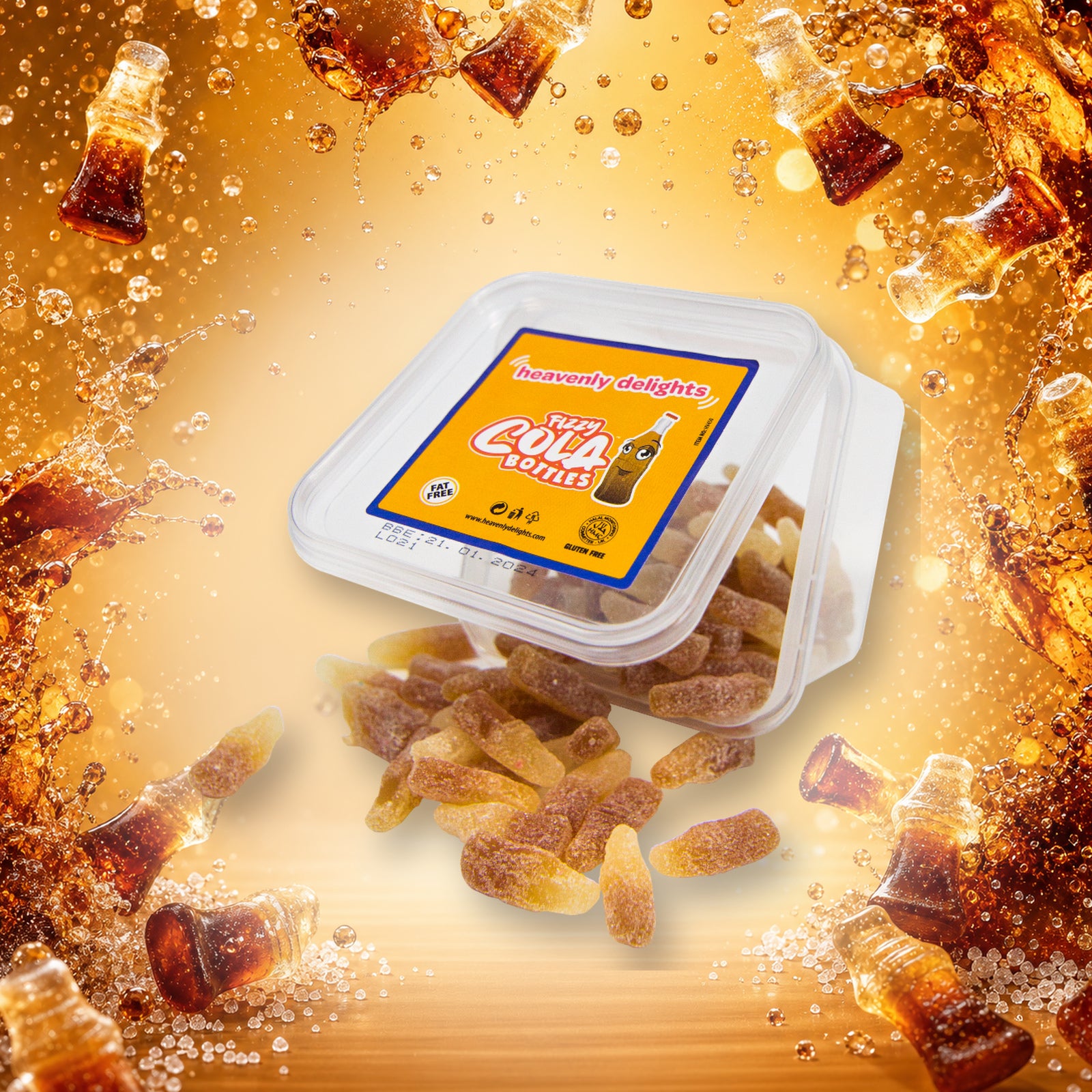 Fizzy Cola Bottles - Heavenly Delights - 140g Tub in a vivid cola sweets scene