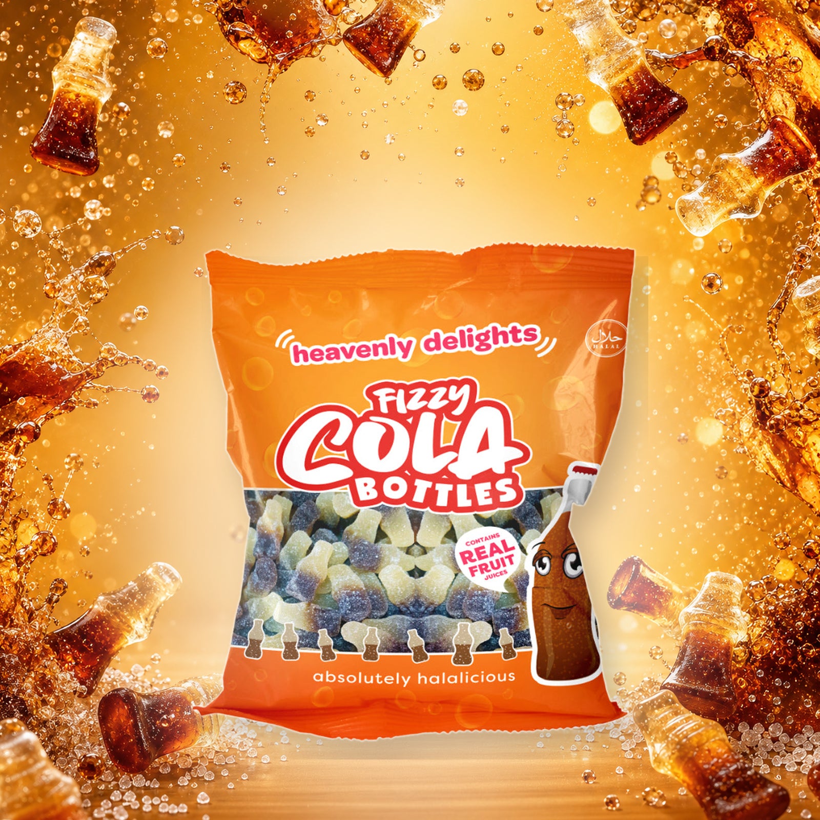 Fizzy Cola Bottles - Heavenly Delights - 70g Bag in a vivid cola sweets scene