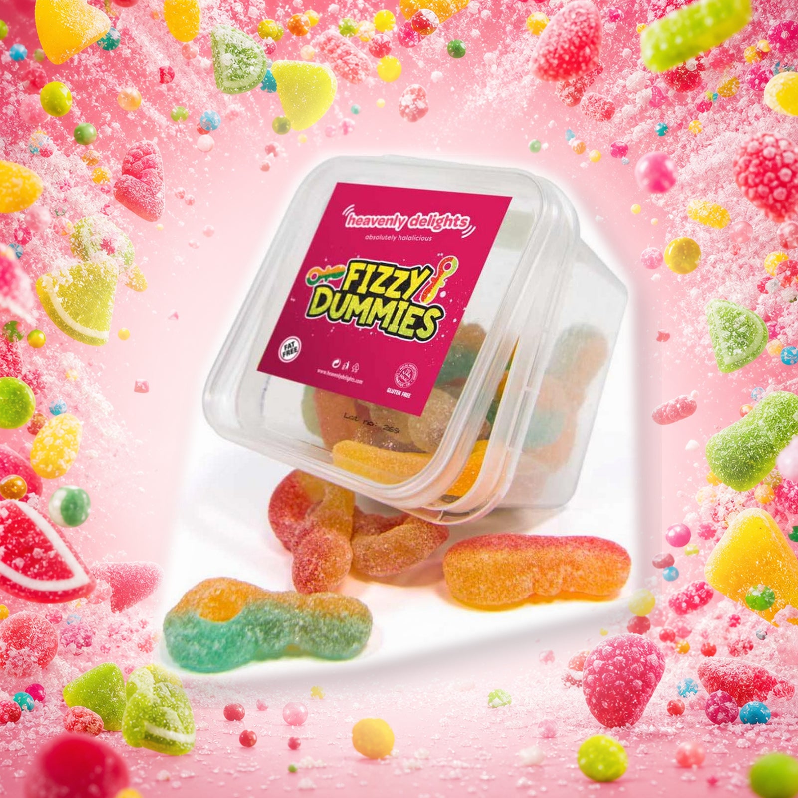 Fizzy Dummies - Heavenly Delights - 140g Tub in a vivid sour mix sweets scene