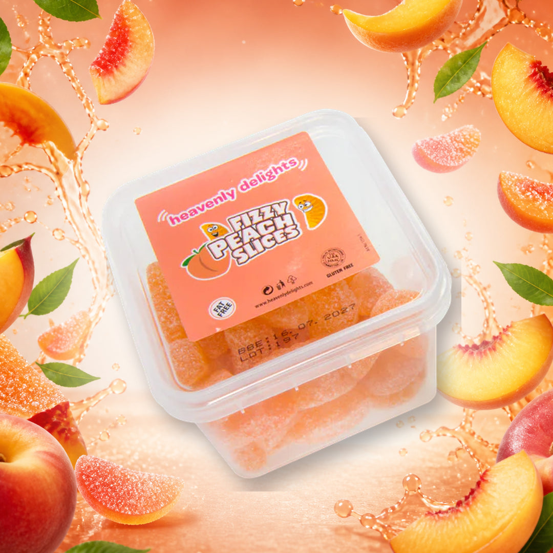 Fizzy Peach Slices - Heavenly Delights - 140g Tub in a vivid peach sweets scene