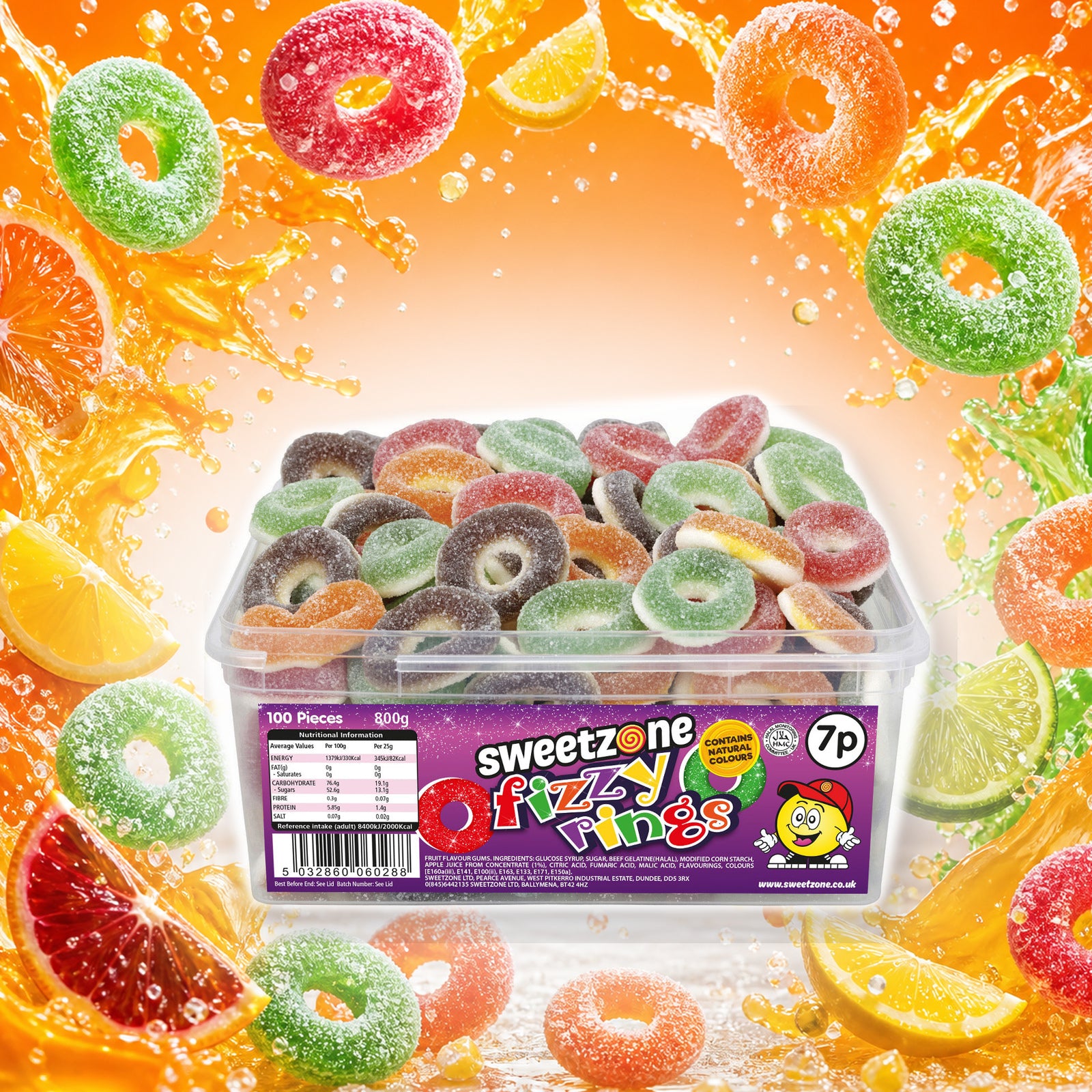Fizzy Rings - Sweet Zone - 800g Tub in a vivid sour rings sweets scene