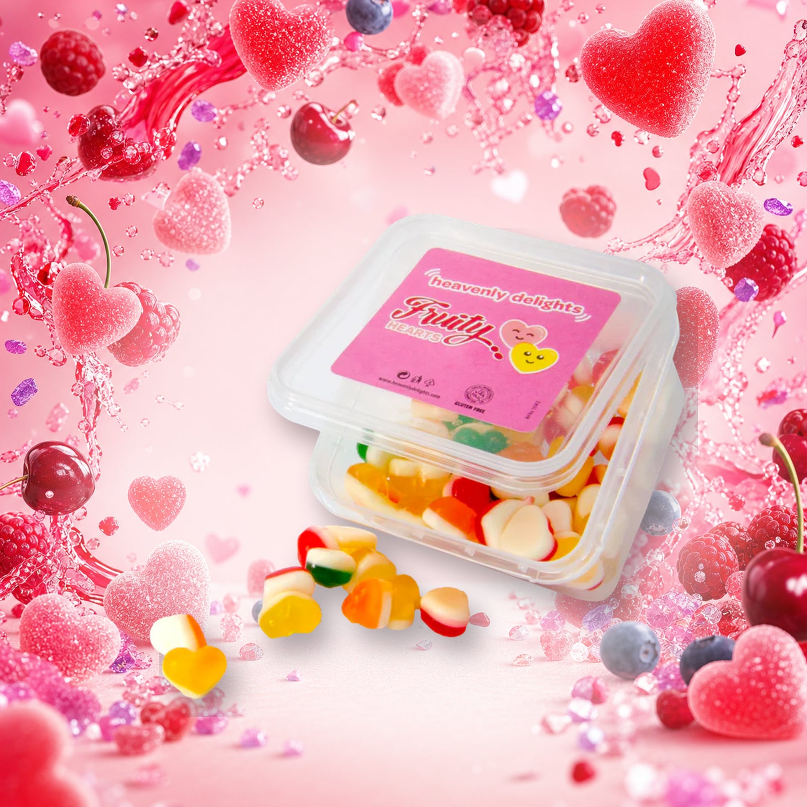 Fruity Hearts - Heavenly Delights - 140g Tub in a vivid fruity hearts sweets scene
